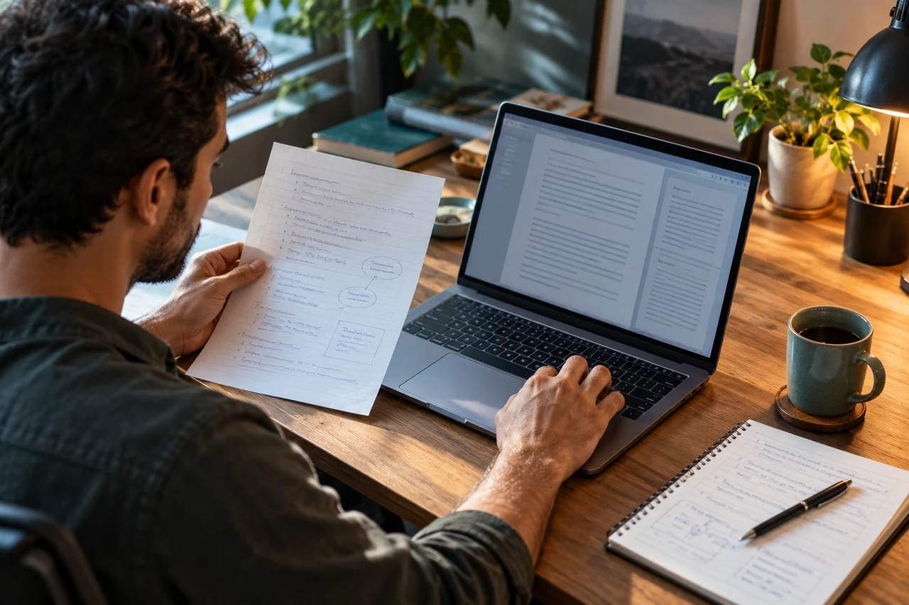 Homem comparando uma folha de anotações com um documento aberto no notebook em uma mesa iluminada pela janela.