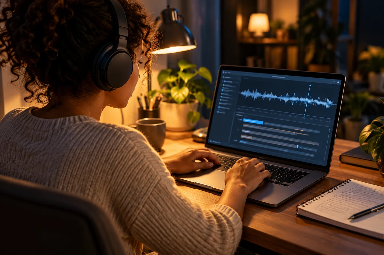 Mulher de fones digitando em um notebook com forma de onda de áudio e painel de edição, ao lado de um caderno.