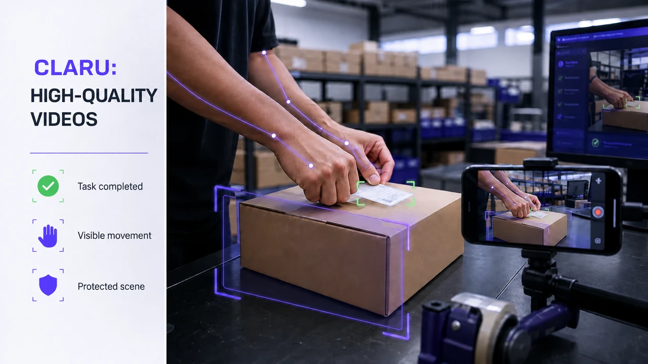 Person packing a box while a cell phone records the task for Claru quality analysis