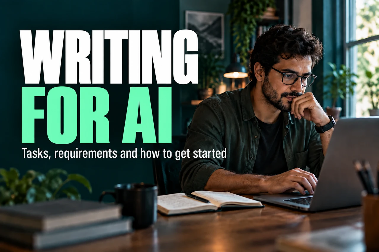 Cover Writing for AI: man with glasses working on a notebook with a notebook on the table, in green and blue tones.