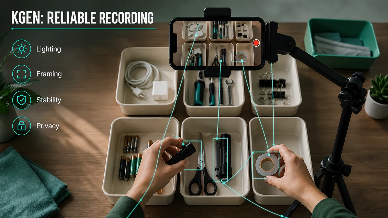 Cell phone on stable stand recording hands organizing tools for a task KGEN