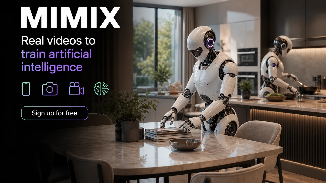 Humanoid robots performing domestic tasks in a modern home to illustrate MIMIX