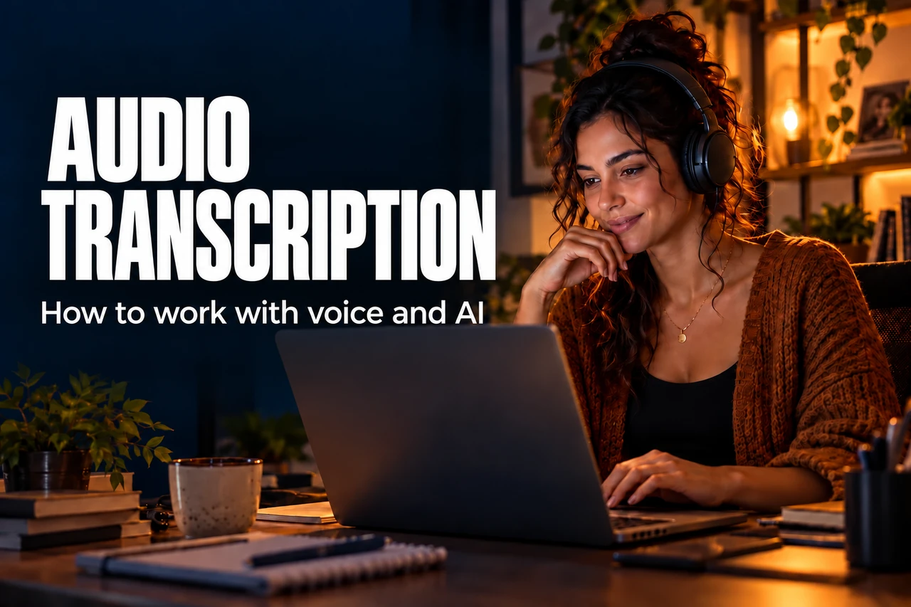 Cover Audio Transcription: woman with headphones in front of a notebook in an environment lit in golden tones.