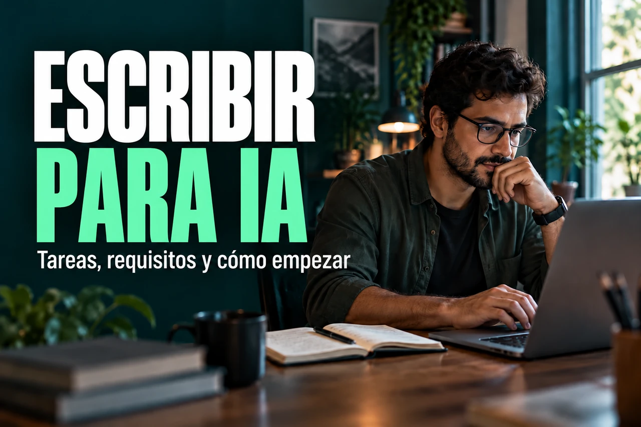 Escritura de portada para IA: hombre con gafas trabajando en un cuaderno con un cuaderno sobre la mesa, en tonos verdes y azules.