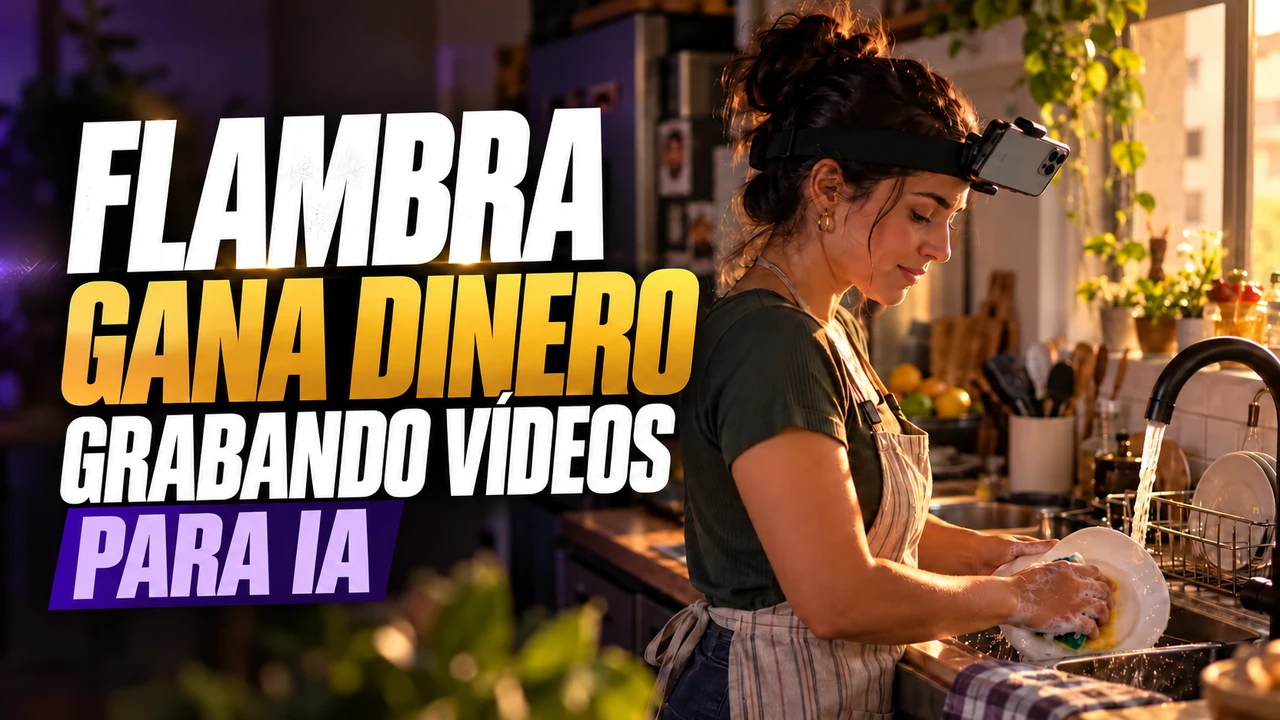 Imagen ilustrativa de una mujer grabando una tarea doméstica con un celular en el soporte de cabeza; Tapa guía Flambra.