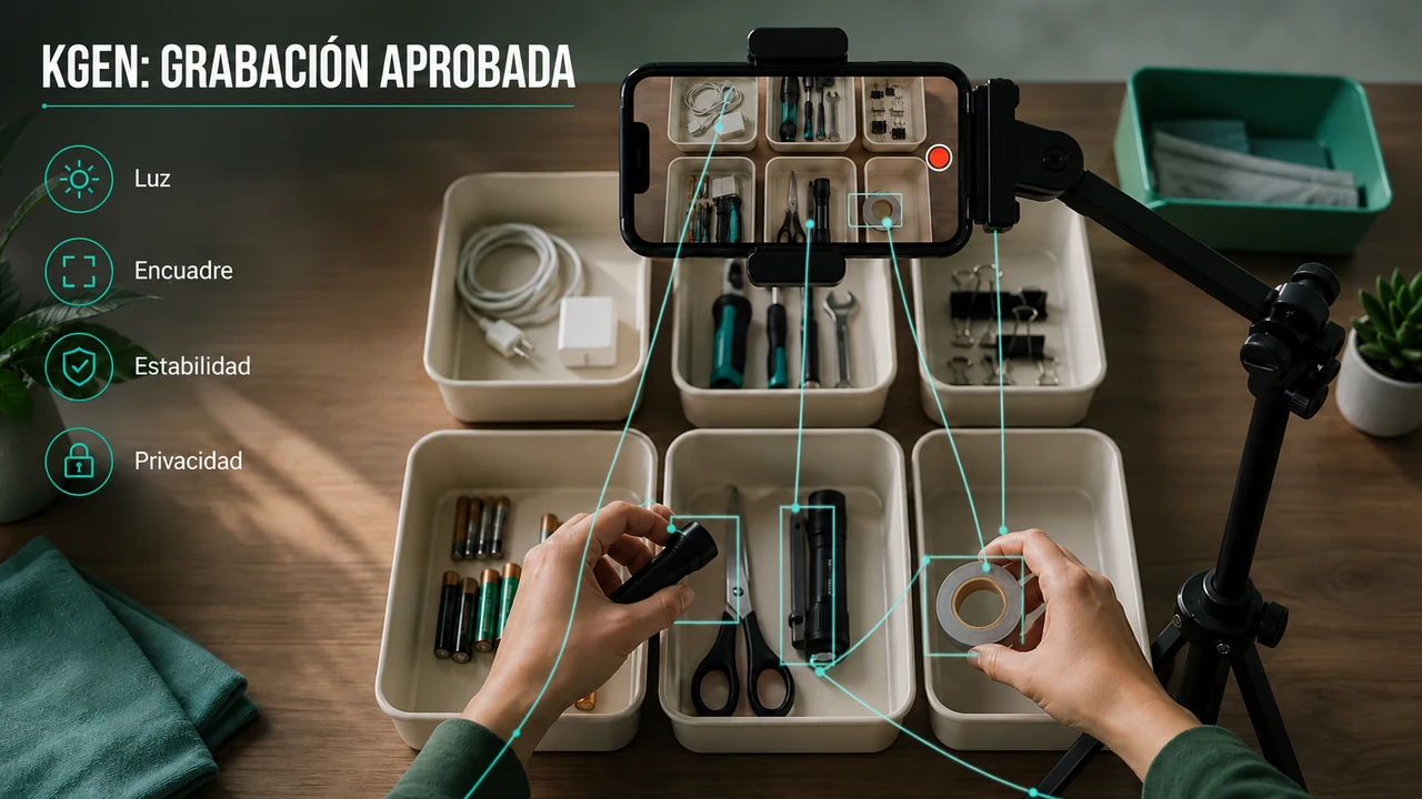Teléfono celular en soporte estable grabando manos organizando herramientas para una tarea KGEN