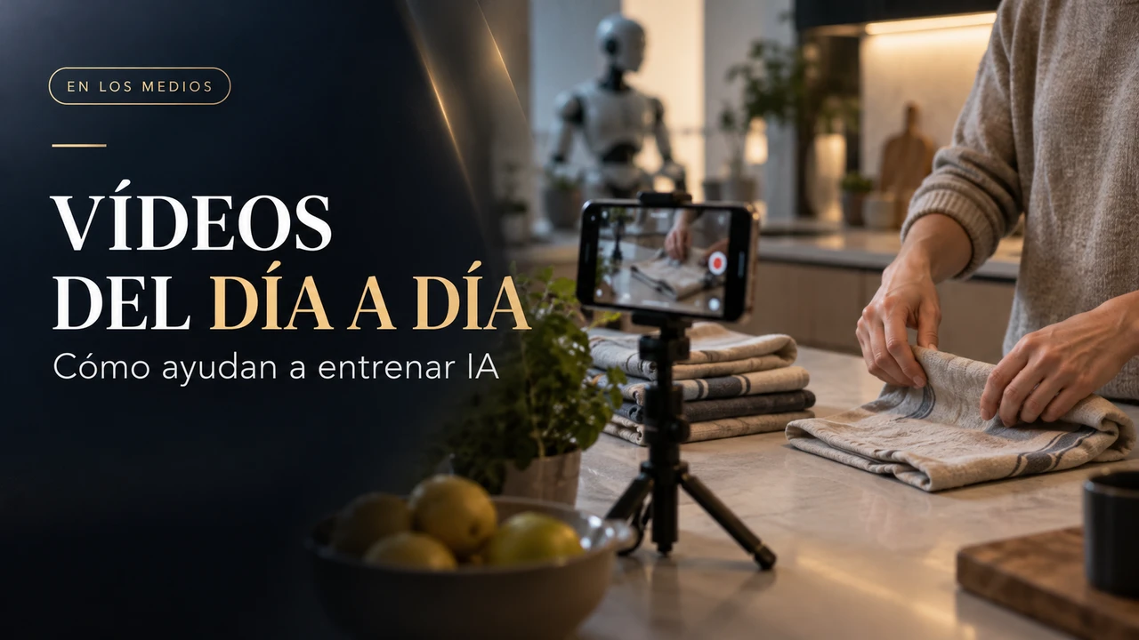 Ilustración editorial generada por IA: manos doblando una tela mientras un celular graba la tarea.