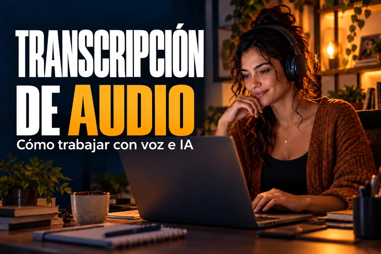 Transcripción de audio de portada: mujer con auriculares frente a una libreta en un ambiente iluminado en tonos dorados.