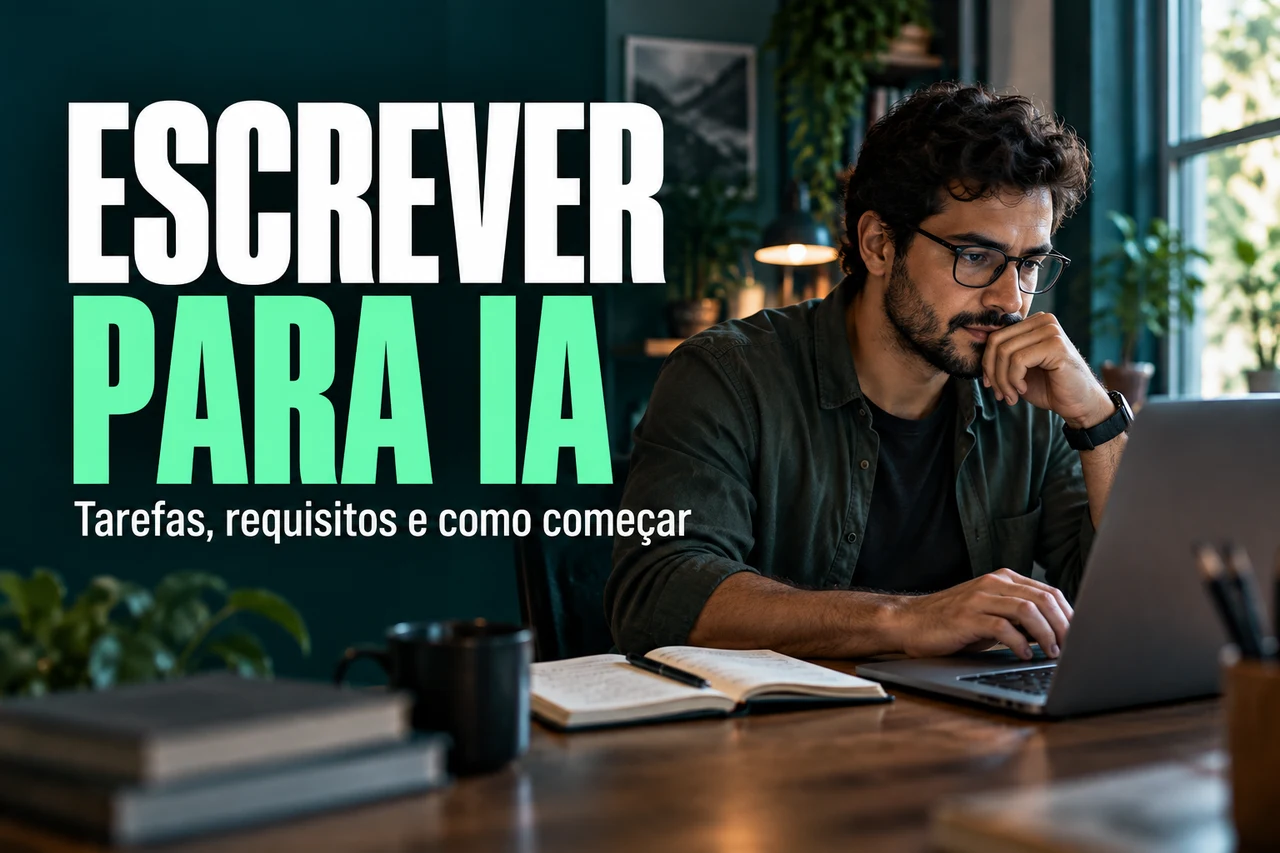 Capa Escrever para IA: homem de óculos trabalhando em um notebook com caderno sobre a mesa, em tons verde e azul.