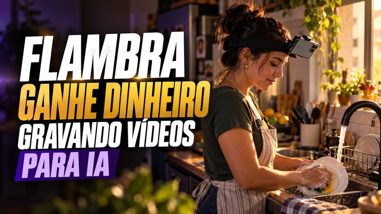 Imagem ilustrativa de uma mulher gravando uma tarefa doméstica com celular no suporte de cabeça; capa do guia Flambra.