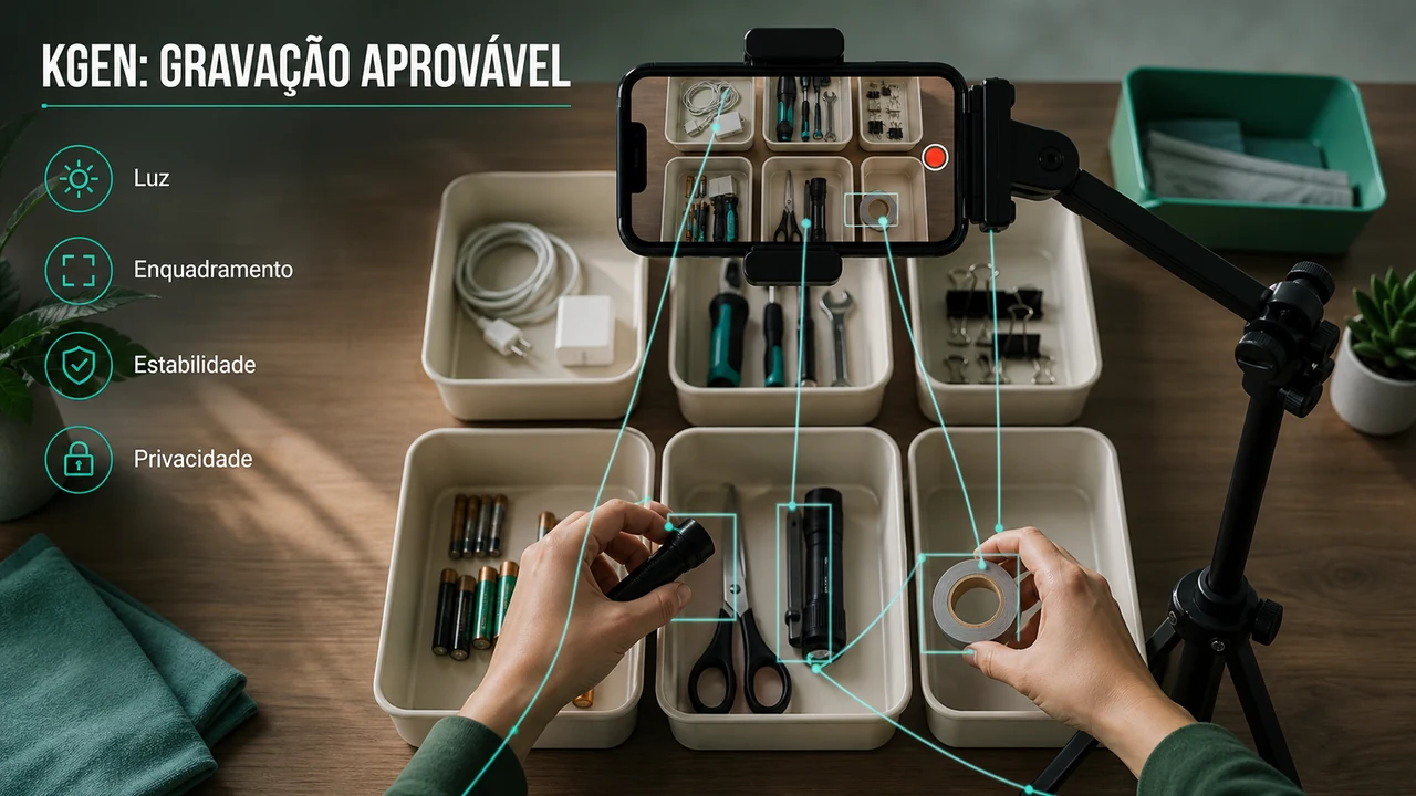 Celular em suporte estável gravando mãos que organizam ferramentas para uma tarefa KGEN
