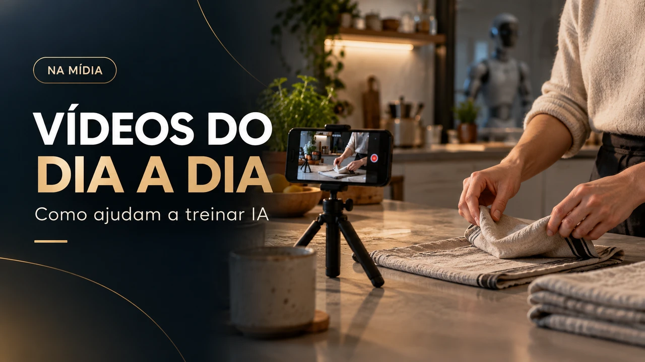 Ilustração editorial gerada por IA: mãos dobrando um tecido enquanto um celular grava a tarefa.