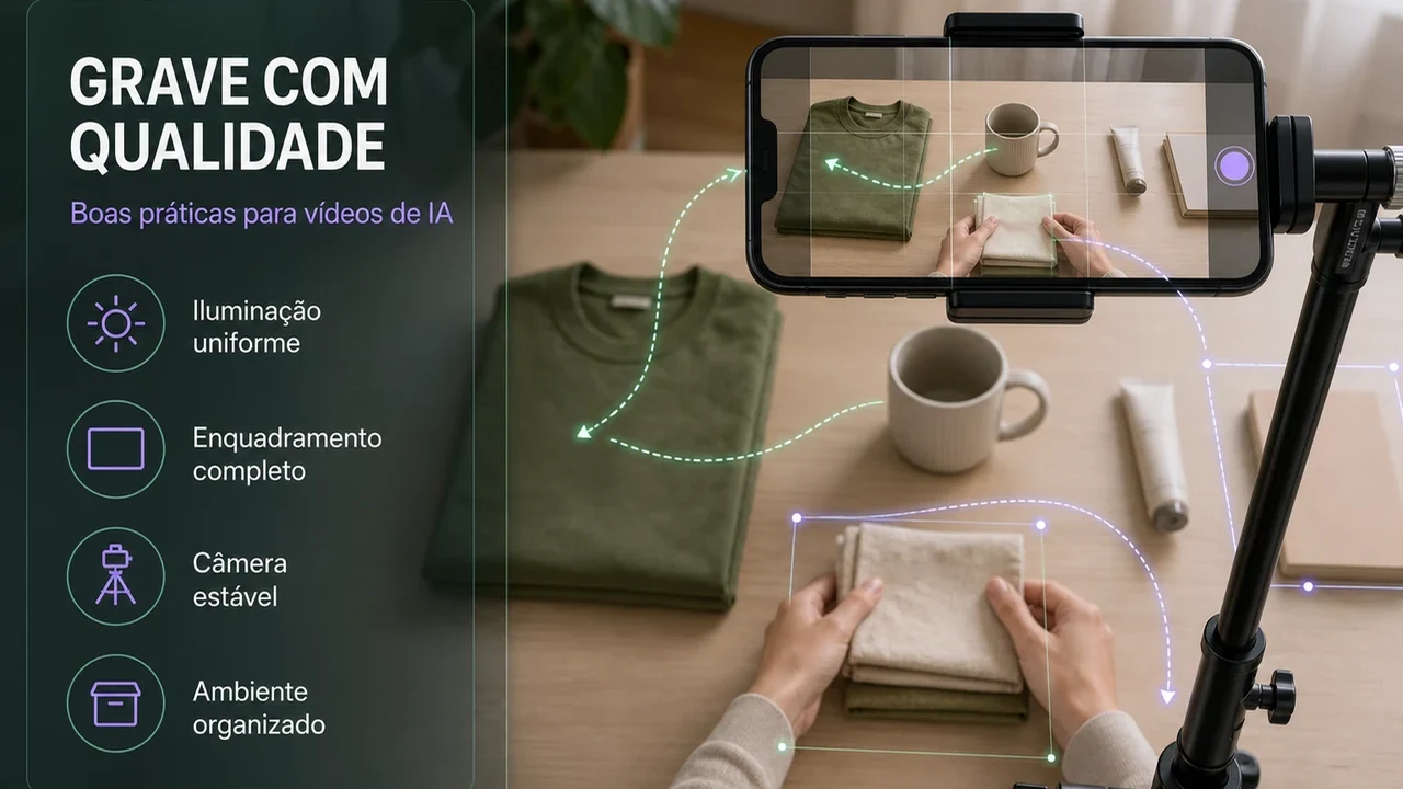 Celular em suporte estável gravando mãos que organizam objetos, com orientações de iluminação e enquadramento