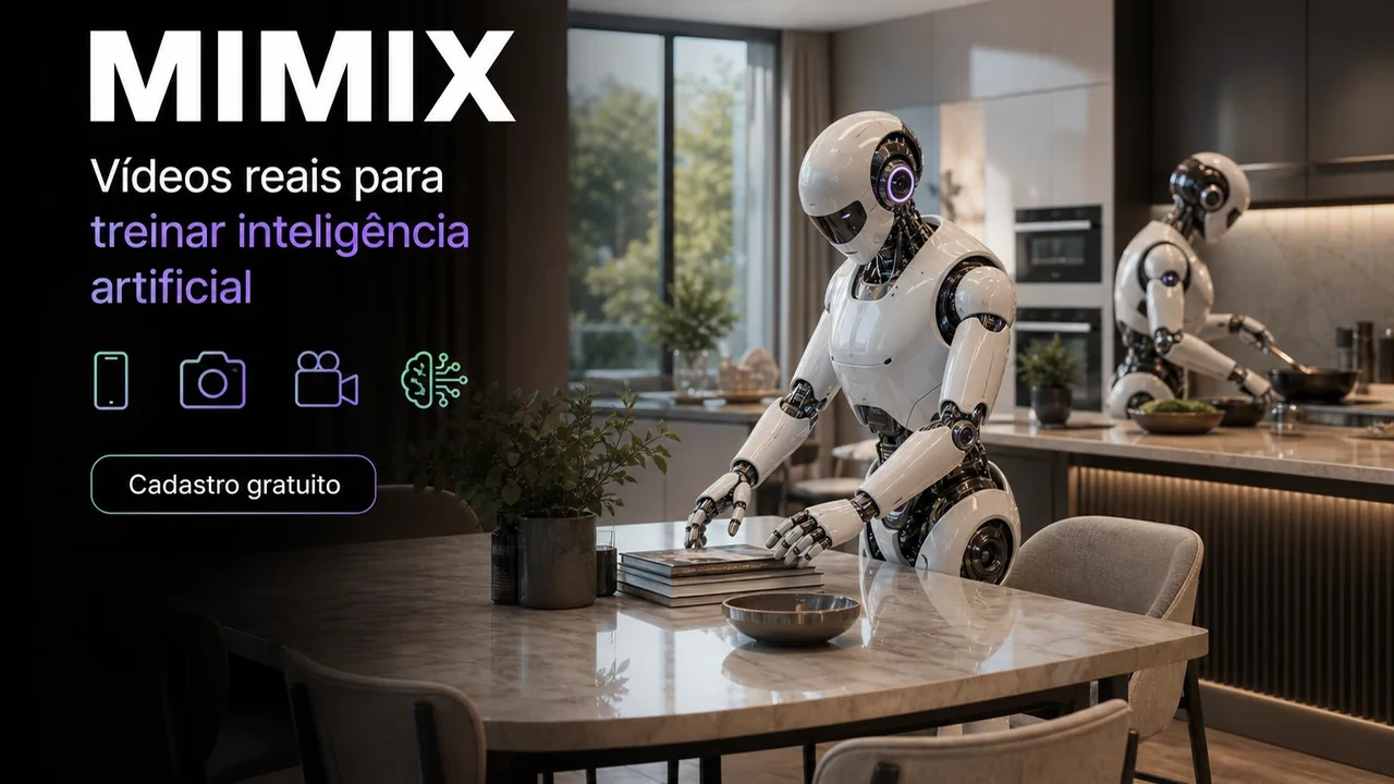Robôs humanoides realizando tarefas domésticas em uma residência moderna para ilustrar a MIMIX
